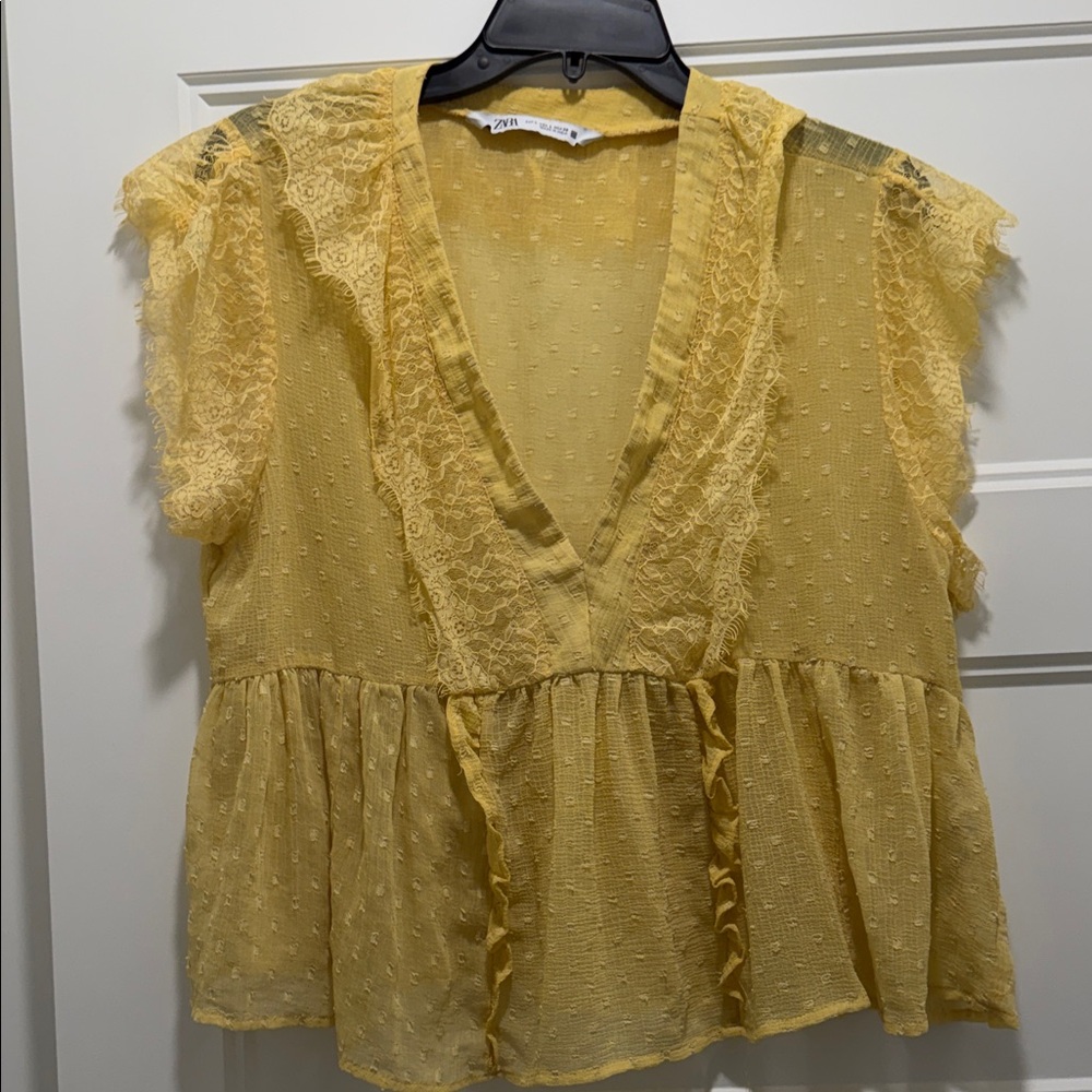 Zara Mustard Lace Accent Blouse